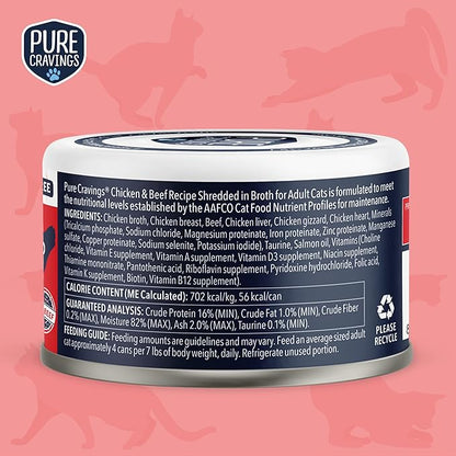 Pure Cravings Chicken and Beef Recipe in Broth, Shredded Wet Cat Food, Grain-Free Protein, Non-GMO, 12 Pack