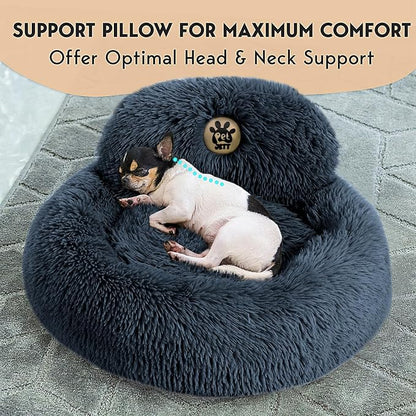 PetJett Small Dog Bed - 23'' Round Dog Beds, Calming Puppy Bed - Washable Dog Bed - Anti-Slip, Super Soft Fluffy Plush Faux Fur Pet Bed, Anti-Anxiety Premium Comfort Donut Bed, Fits Dogs Upto 25 lbs