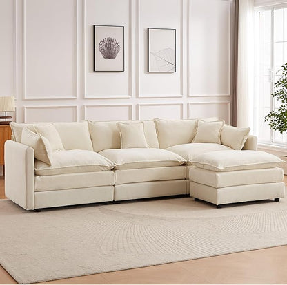 saows Modular Sectional Sofa, 112.2 Inch L Shaped Couch Set with Armrests, 3-Seater Comfy Cloud Couches with Movable Ottoman for Living Room Apartment, Beige