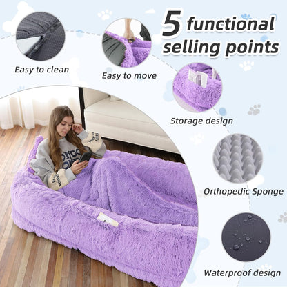Human Dog Bed, 71''x45''x12'' Size Fits You and Pets, Washable Faux Fur Pet Bed for People Doze Off, Napping Orthopedic Dog Bed, Present Plump Pillow, Blanket, Strap - Purple