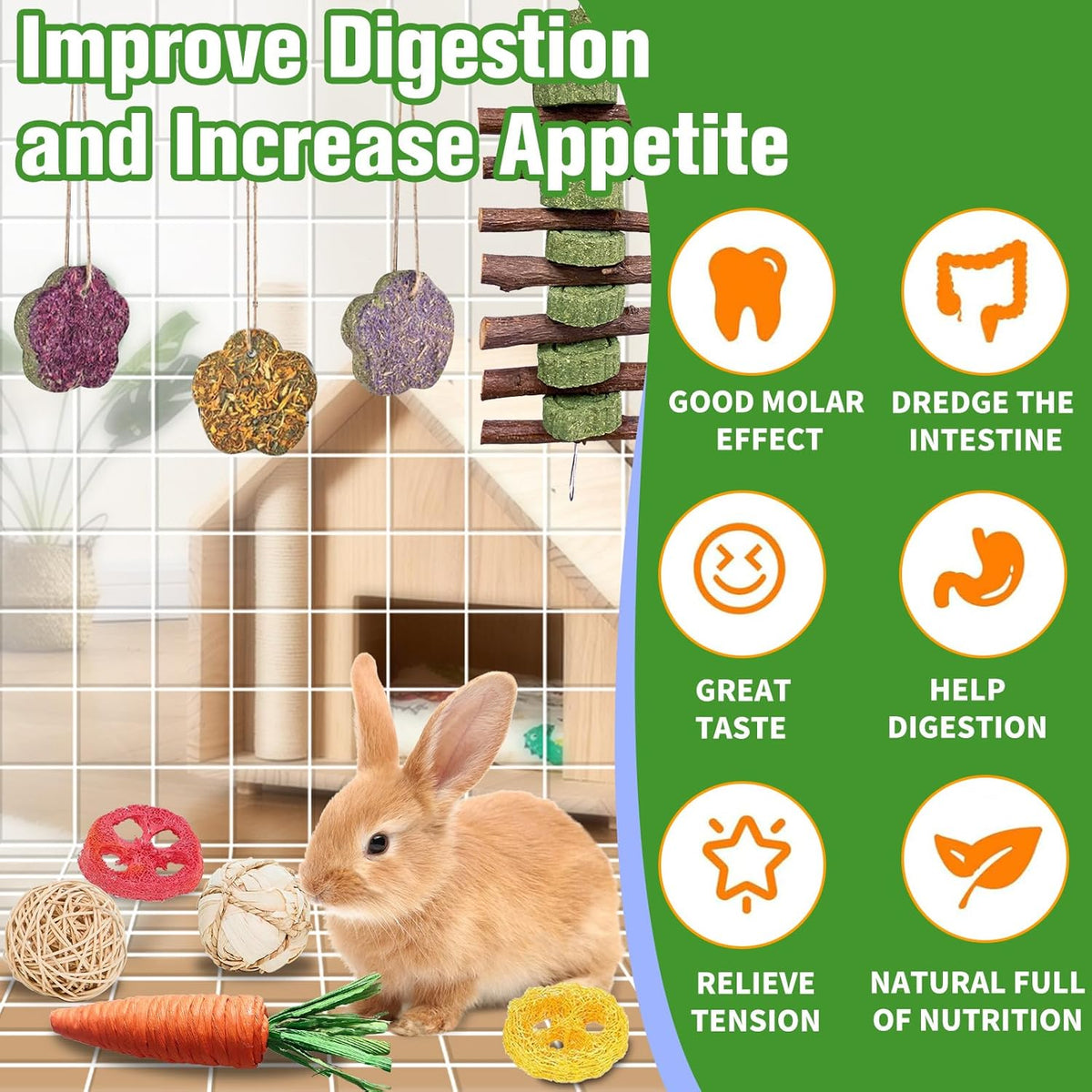 WDEFUN 21-Piece Natural Small Pet Chew Toys Set for Rabbits, Hamsters & Organic Grass Mat, Hay Sticks, Loofah Slices, Wooden Chews & More for Dental Health & Boredom Relief