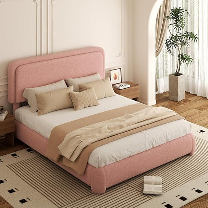 Queen Bed Frame, Teddy Velvet Boucle Bed Frame with 43.3"/45.3" Adjustable Upholstered Headboard, Rounded Corners, Mattress Foundation, No Box Spring Required, Pink