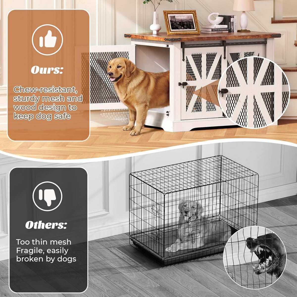 VOPEAK 43.3" XL Dog Crate Furniture, Chew Resistant Dog Crate for Medium Large Dogs, Heavy Duty Extra Large Dog Crate Dog Kennel Indoor with Double Doors, Wooden End Table for Living Room, White