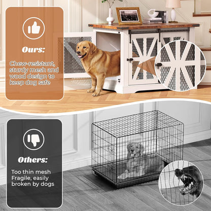 VOPEAK 43.3" XL Dog Crate Furniture, Chew Resistant Dog Crate for Medium Large Dogs, Heavy Duty Extra Large Dog Crate Dog Kennel Indoor with Double Doors, Wooden End Table for Living Room, White