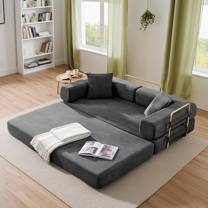 Antetek Convertible Futon Sofa Bed, 3-Seater Modern Corduroy Foam Floor King Size Bed Fold Out Sleeper Lounge Loveseat Sofa Couch with 2 Throw Pillows for Living Room Bedroom Guest Room, Dark Grey