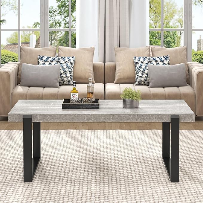 FOLUBAN Modern Coffee Table, Rustic Wood and Metal Center Table, Rectangle Cocktail Tea Table for Living Room, Light Grey, 47 Inch