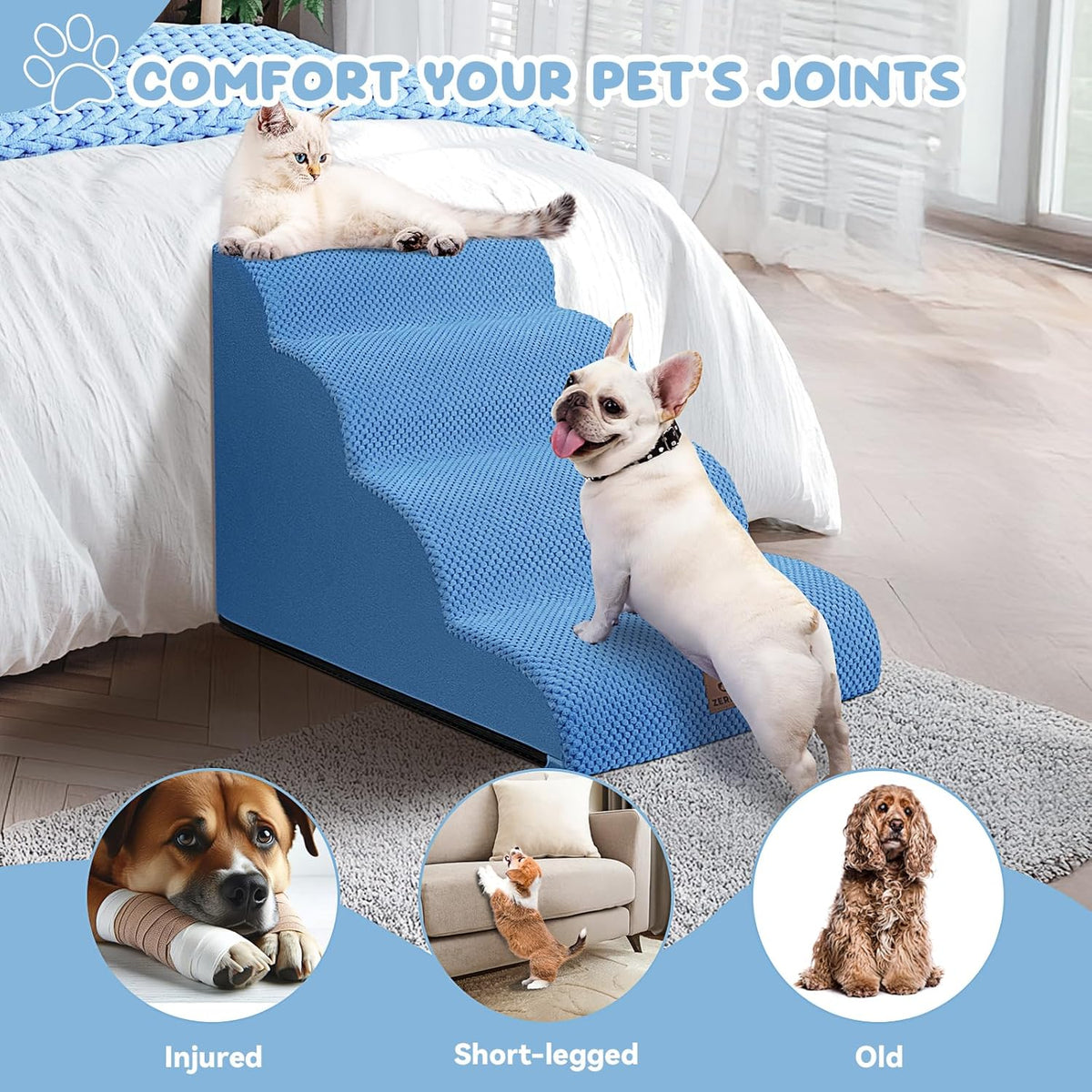 Dog Ramp and Stair for Bed 16" H-20 H,3-Step Cat Stair for Sofa and Chair,4-Step Dog Ramp for High Bed and Window,Durable Nonslip Fabric Cover for Indoor (Blue-20“H, Pet Friendly, 4)