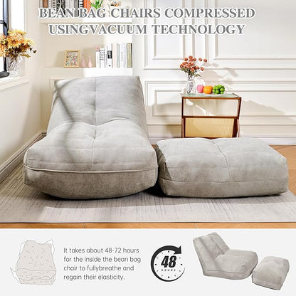 Cvortll Bean Bag Chair with Ottoman, Comfy Bean Bag Sofa with Memory Foam, Lazy BeanBag Sofa with Footstool, Fireside Bean Bag Couch for Living Room, Bedroom, Apartment (Gray)
