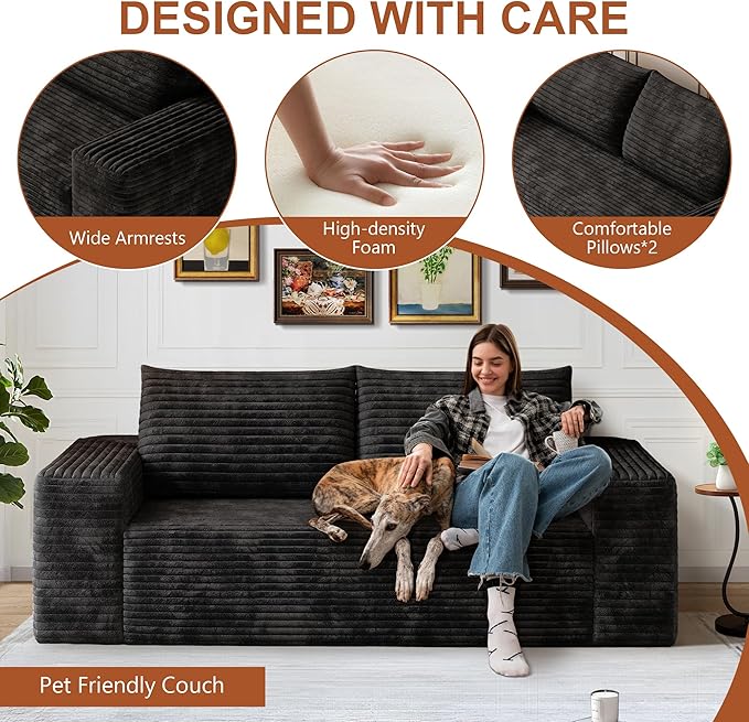 71" Corduroy Loveseat Sofa, 3-Seater Cloud Couch, Boneless Couch in a Box, Comfy Deep Seat Sofa with Memory Foam, Pillows and Wide Armrests, Modern Small Couches for Small Spaces, No Assembly (Black)