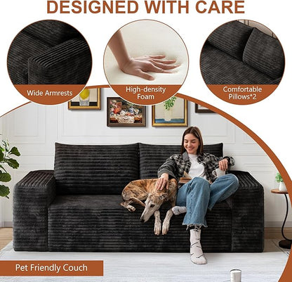 71" Corduroy Loveseat Sofa, 3-Seater Cloud Couch, Boneless Couch in a Box, Comfy Deep Seat Sofa with Memory Foam, Pillows and Wide Armrests, Modern Small Couches for Small Spaces, No Assembly (Black)