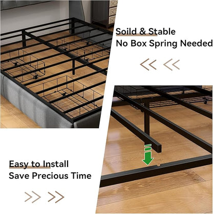SADENICEL King Size Bed Frame with Storage Headboard, Metal Platform Bed Frame King with 4 Drawer, LED Light, Charging Station, No Box Spring Needed, Noise Free, Easy Assembly, Grey