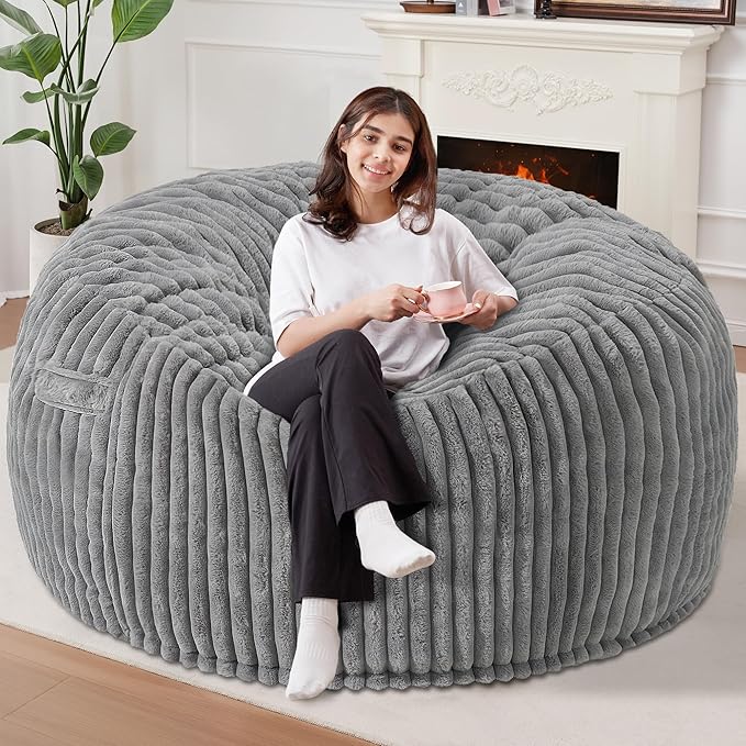 Homguava 6 FT Bean Bag Chair,6' Big Bean Bag,Giant Bean Bag Chairs for Adults with Memory Foam Filled,Comfy Large Beanbag Chairs Soft Bean Bag Sofa with Dutch Corded Plush Cover-Grey