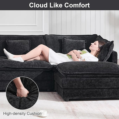 KIVENJAJA Chenille L-Shaped Modular Sectional Sofa, Modern Loveseat Comfy Deep Seat Cloud Couch with Ottoman/Chaise & 4 Pillows for Living Room Office Apartment, 76.7" W, Black