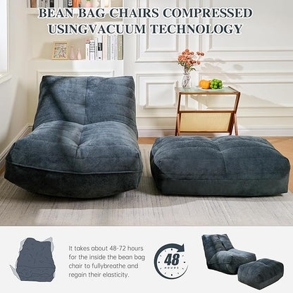 Cvortll Bean Bag Chair with Ottoman, Comfy Bean Bag Sofa with Memory Foam, Lazy BeanBag Sofa with Footstool, Fireside Bean Bag Couch for Living Room, Bedroom, Apartment (Blue Gray)