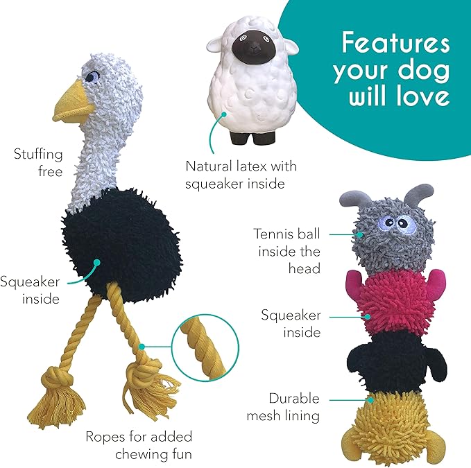 rocket & rex Dog Chew Toy Set for Small to Medium Breeds, Includes a Rope Toy, Rubber Squeaker and Plush Toys with Ball, Reduces Destructive Chewing & Anxiety (Pack of 3)