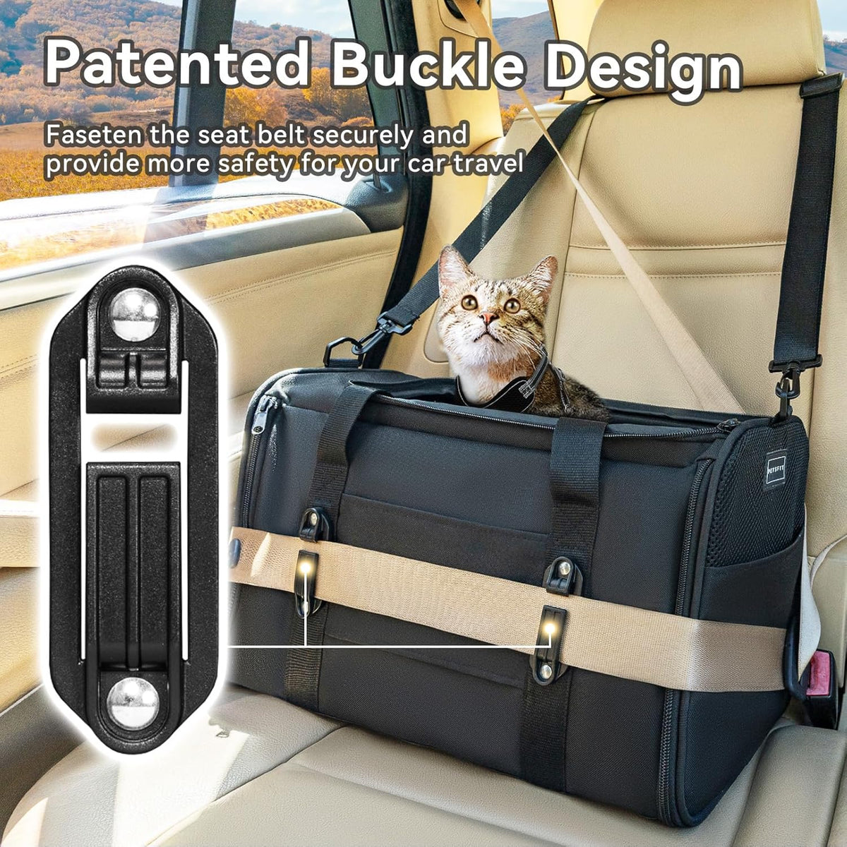 PETSFIT Soft-Sided Cat Carriers & Car Seats with Patent Safe Buckles, Clip-On Harness, 18"x11"x11" Airline Approved Pet Carrier - 9 lbs Capacity (Black)