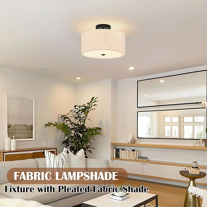 3-Light Semi Flush Mount Ceiling Lights Fixture 15.7 Inch Drum Light Fixture Drum Ceiling Lights with Pleated Fabric Shade Black Close to Light Fixtures for Hallway Living Room