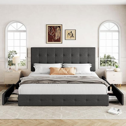 Allewie Upholstered King Size Platform Bed Frame with 4 Storage Drawers and Headboard, Square Stitched Button Tufted, Mattress Foundation with Wooden Slats Support, No Box Spring Needed, Dark Grey