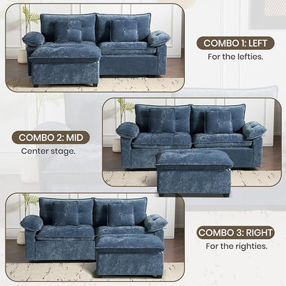 PALLOME 82" Deep Seat Comfy Cloud Couch, Modular Sectional Sofa with Movable Ottoman, L Shaped Chenille Sofa for Small Space, Modern Apartment Living Room & Office (Blue, 2-Seat + Ottoman)