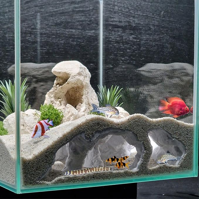 LIYAOLI Aquarium Cave Tunnel 3D Printed - Fish Tank Decoration Natural Fish Hideout for Pleco, Shrimp & Corydoras | Sinking Base & Viewing Ports | Substrate-Friendly Decor (7.3" Under Gravel Design)