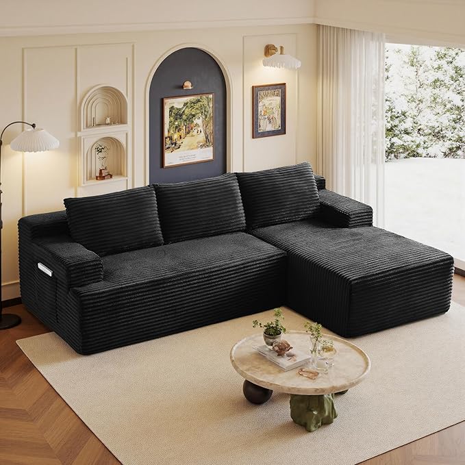 96" Sectional Couches for Living Room Cloud Couch Sofa with L-Shape Upholstered Boneless Couchs Modern Modular Sectional Couch with Chaise (Black, 96" W+Right Facing Chaise+2Seaters)