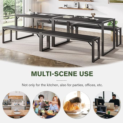 IMUsee 3PC 47.2" Dining Table Set for 4 with Benches, Heavy Duty Metal Frame, Small Space Saving Kitchen Dinette, Wood Board and Grey Legs