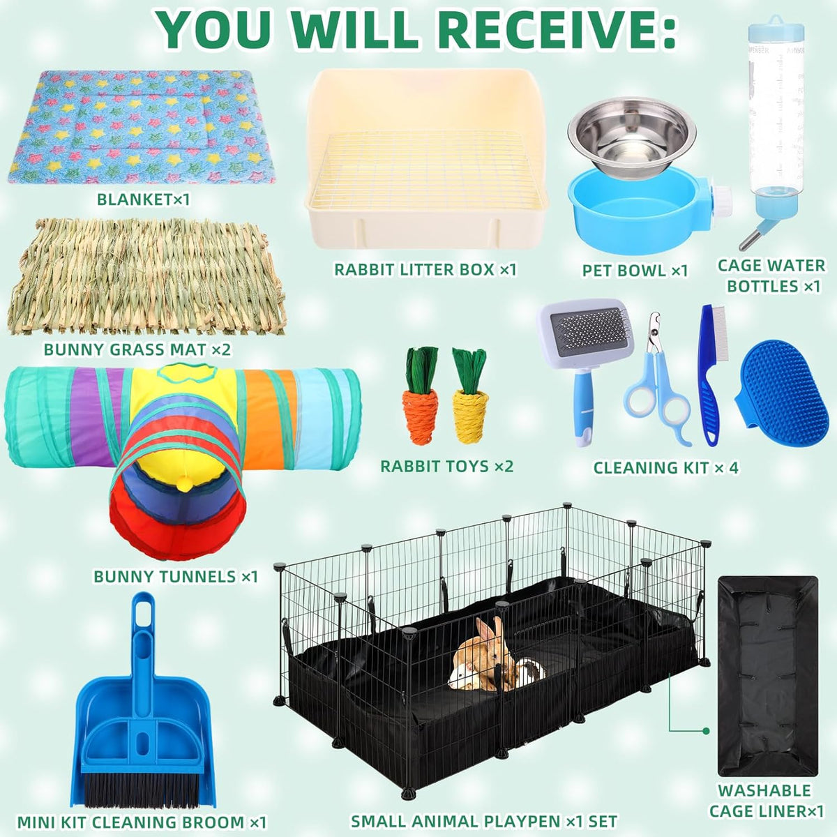 104 Pcs Rabbit Starter Kit Litter Box Bunny Tunnel Pet Playpen with Waterproof Mat Water Bottle Animal Grooming Kit Bowl Blankets with Cleaning Set for Guinea Pig Rabbit Accessories