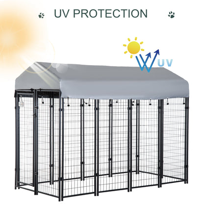 Outdoor Dog Kennel with Roof, 8 x 4 x 6 Heavy Duty Welded Wire Dog Playpen Enclosure with Escape-proof Lock, UV-Resistant & Waterproof Cover, for Large Dogs, Silver