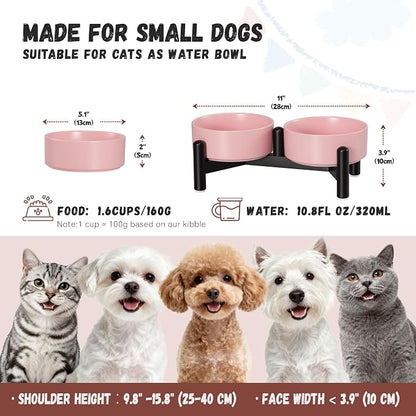 Raised Ceramic Dog Bowl Set with Stand, 1.6 Cups Elevated Dog Food Stand | 5.1'' Double Dog Food and Water Bowl Set, Non-Slip Dog Feeding Dishes for Small Breeds and Cats, 10.8 OZ, Pink