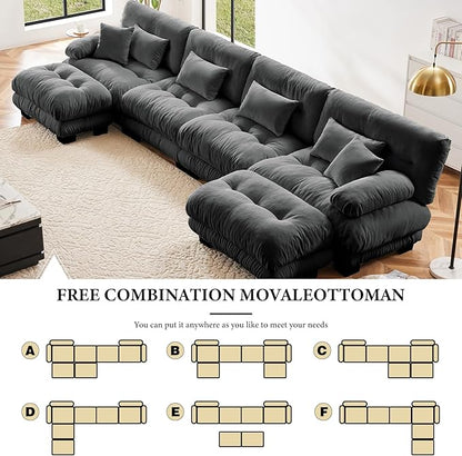173.2" Oversized Couch, 4 Seater Modular Sectional Sofa, Grey Large U Shaped Sectional Fluffy Couch Set, Chenille Cloud Couch with Ottoman, Deep Seat Sofas for Living Room