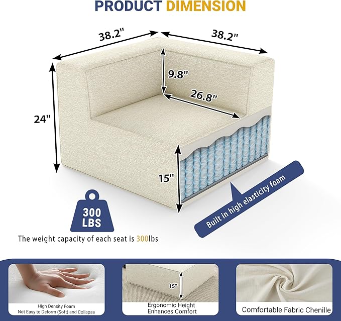 38“ Modular Sectional Sofa Convertible Cube Couch Seat Set, Combine L-Shaped U-Shaped, Free Assembly, Space-Saving for Living Room, Thick Foam Fabric Chenille Beige White (Only Corner)