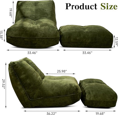 Cvortll Bean Bag Chair with Ottoman, Comfy Bean Bag Sofa with Memory Foam, Lazy BeanBag Sofa with Footstool, Fireside Bean Bag Couch for Living Room, Bedroom, Apartment (Green)