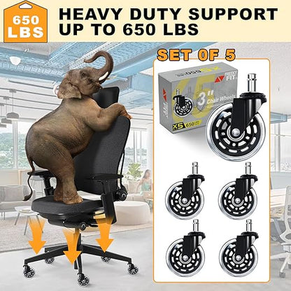 FreekyFit Office Chair Wheels for Casters Replacement - 3" Rubber Wheels for Computer Gaming Desk Caster Smooth & Safe Rolling for All Floors Including Hardwood and Carpet - Set of 5 - Modern