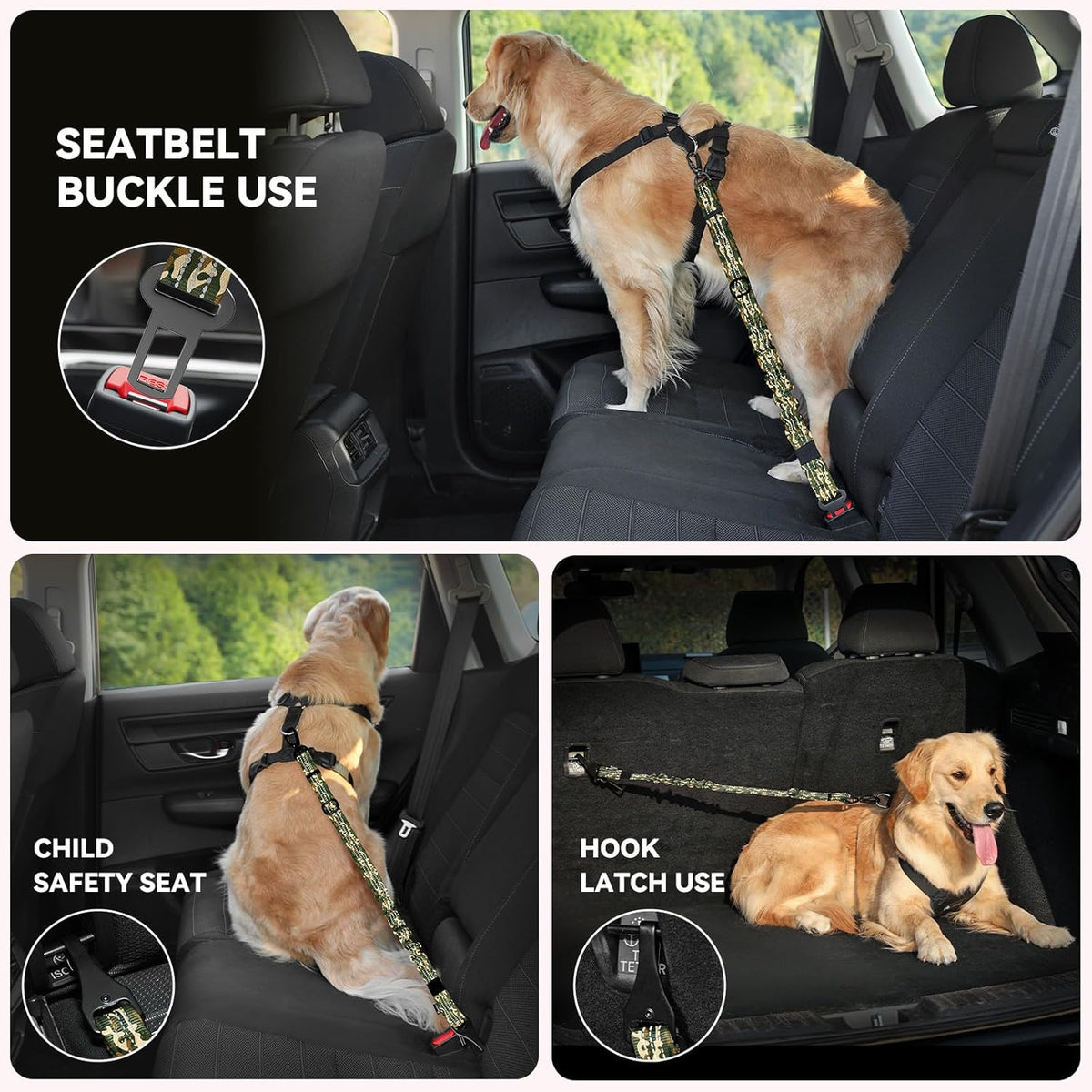 Pawaboo 2Pack Dog Seatbelt for Car, Dog Car Seat Belt Bungee, Dogs Tether with Buckle & Hook Latch, Adjustable Reflective Dogs Cars Harness Leash with 360° Lockable Buckle, Army Green Camouflage