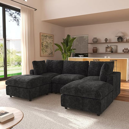 JACH U Shape Sectional Couches for Living Room, Convertible Modular Sofa with Ottomans, Cloud Sectional Couch, Sofa Covers Washable, Minimalist Couch for Living Room, Apartment, Black