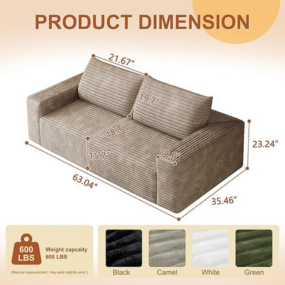 63" Corduroy Loveseat Sofa, 2-Seater Cloud Couch, Boneless Couch in a Box, Comfy Deep Seat Sofa with Memory Foam, Pillows and Wide Armrests, Modern Small Couches for Small Spaces, No Assembly (Camel)
