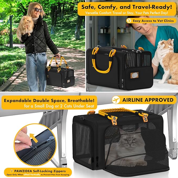 PAWZIDEA Expandable Pet Carrier Airline Approved, 18"×11"×11" Small Dog Carriers, Collapsible Top-Load Cat Carrier for 2 Cats Under Seat, Soft-Sided Puppy & Animal Travel Bag, ID Card, Up to 15lbs
