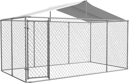 Outdoor Dog Enclosure,Heavy Duty Dog Kennel House Mesh Outside,Galvanized Chain Link Dog Run with Roof,Dog Cage Large Dogs,Dog Pen,Pet Kennel W/Waterproof Anti-UV Cover&Secure Lock for Large Dog