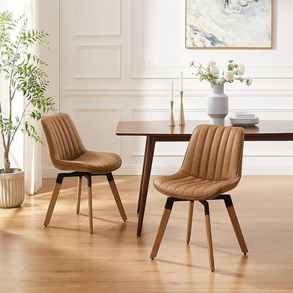 Art Leon Swivel Dining Chairs Set of 2, Mid Century Modern Kitchen Dining Room Chairs, Upholstered Faux Leather Armless Side Chair with Wood Legs for Living Room Bedroom, Yellow Brown