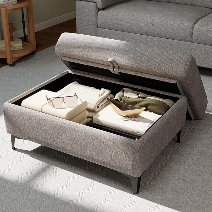 35" Large Storage Ottoman for Living Room, 7.8" Deep Seat Rectangular Ottoman Foot Rest for Couch, Chenille Storage Footstool Load 350 lb （Light Gray