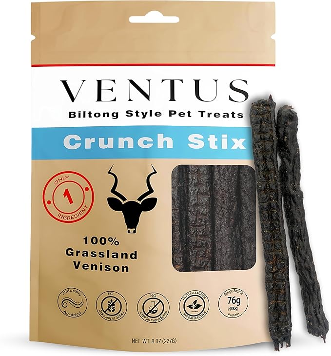VENTUS Jerky Crunch Stix - Single Ingredient High Protein Dog Training Treats, Wild Venison, Air-Dried, Grain Free Training Treats for Dogs, 8 oz