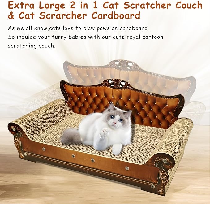 Luxury Cardboard Cat Scratcher Sofa Bed, Couch Shaped Scratching Board, Scratch Lounge with Catnip, Cat Scratcher for Indoor Cats Large Brown