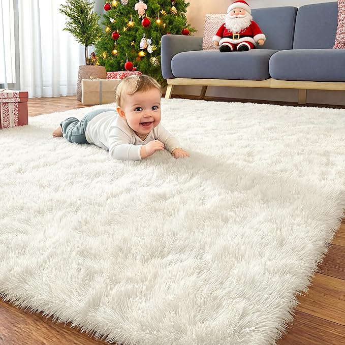 OLANLY Area Rugs for Living Room Bedroom, Machine Washable 4x5.9 ft Soft Fluffy Shaggy Bedside Rug, Indoor Floor Carpet for Kids Girls and Boys, Dorms, Nursery Rooms, Home Decor Aesthetic, Ivory