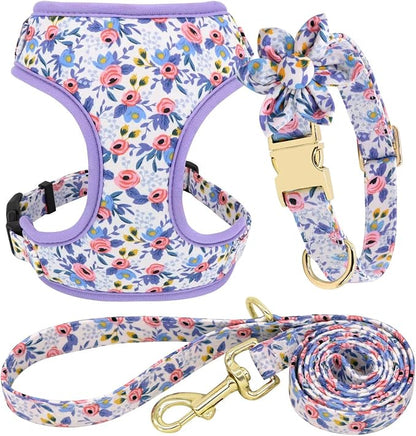 Beirui Cute Dog Collars,Harnesses,Leashes Set, Floral Pattern, Blue,S | Girl Dog Harness Set with Flower, Adjustable and Soft Mesh Lining, For Small Dogs Daily Walks