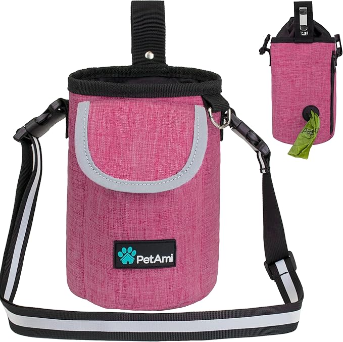 PetAmi Dog Treat Pouch, Large Pet Training Treat Pouch with Pocket, Dog Trainer Essentials Supply Holder with Poop Bag Dispenser, Training Bag for Kibbles Toys, 3 Ways to Wear (Pink)