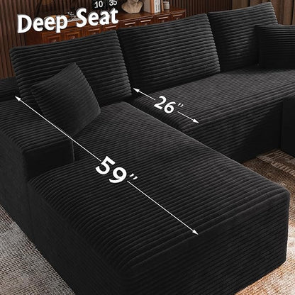 3-Piece Boneless Modular Sectional Sofa, Cloud Couch, Left Facing Chaise with Ottoman, Oversized Deep Seat, Soft Corduroy Fabric, Sectional Couch for Living Room-Black