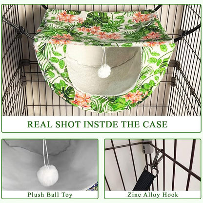 JSPYFITS Cat Cage Hammock with Ball,Double Layer Hanging Adjustable Soft Pet Bed Suit for Kitten Ferret Puppy Rabbit or Small Pet, 2 Level Indoor Bed for All Season(INS Green Leaves)