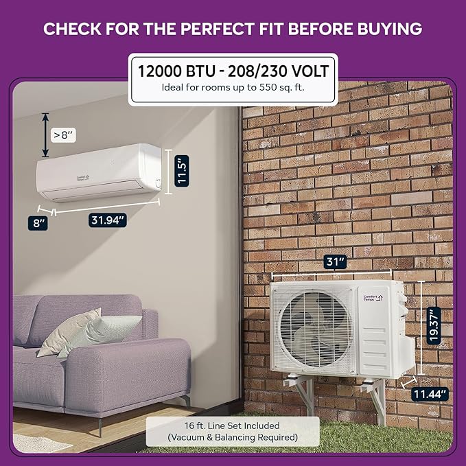Energy-Saving 12000 BTU / 220V Ductless Mini Split AC/Heating System – 20 SEER