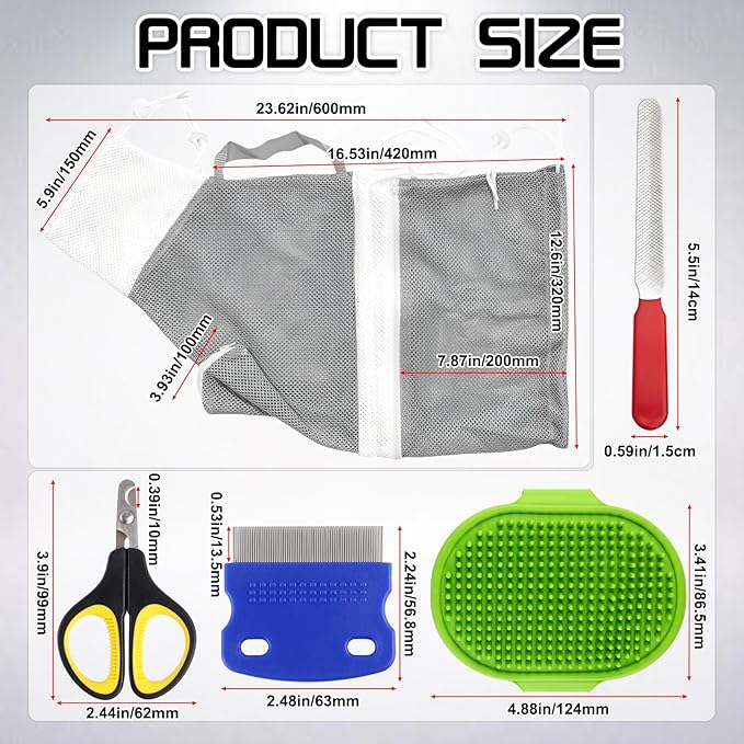 FANOVO Cat Mesh Bathing Bag, Adjustable Cat Bath Bag with Nail Clipper, Bath Brush, Nail File & Comb, Anti-Scratch Shower Bag for Pet Grooming, Bathing & Restraint, Durable Washing Bag for Cats