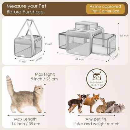 Top and 2 Sides Expandable Pet Carrier 17x11x9.5, TSA Airline Approved Small Dog Carriers for Small Dogs, Soft-Sided Cat Carrier with Self-Locking Zippers for Kitten,Rabbit, Puppy, Guinea Pig Grey